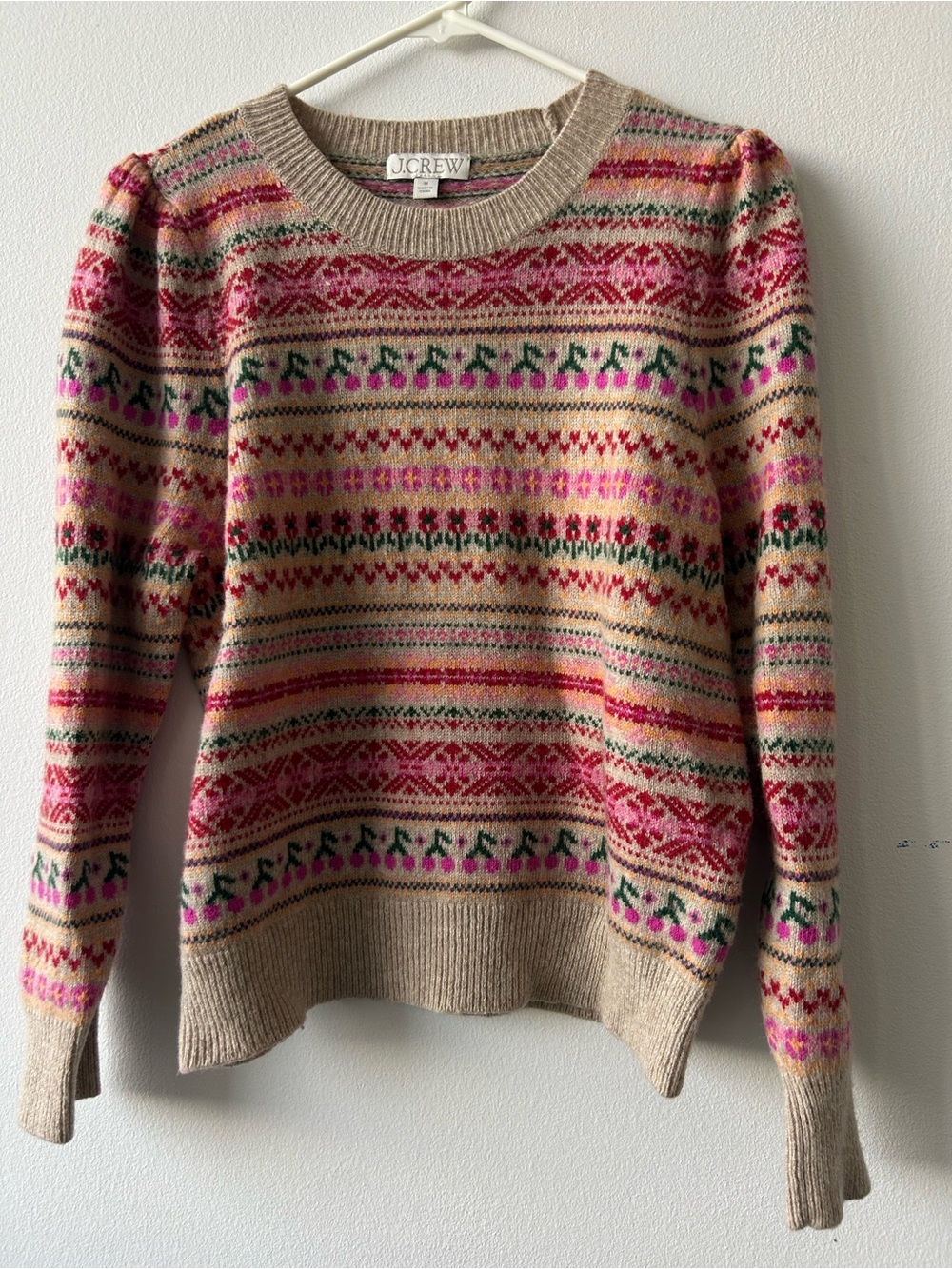 J. Crew Cream Fair Isle Crewneck Sweater with Pink and Green Accents Holiday 22”